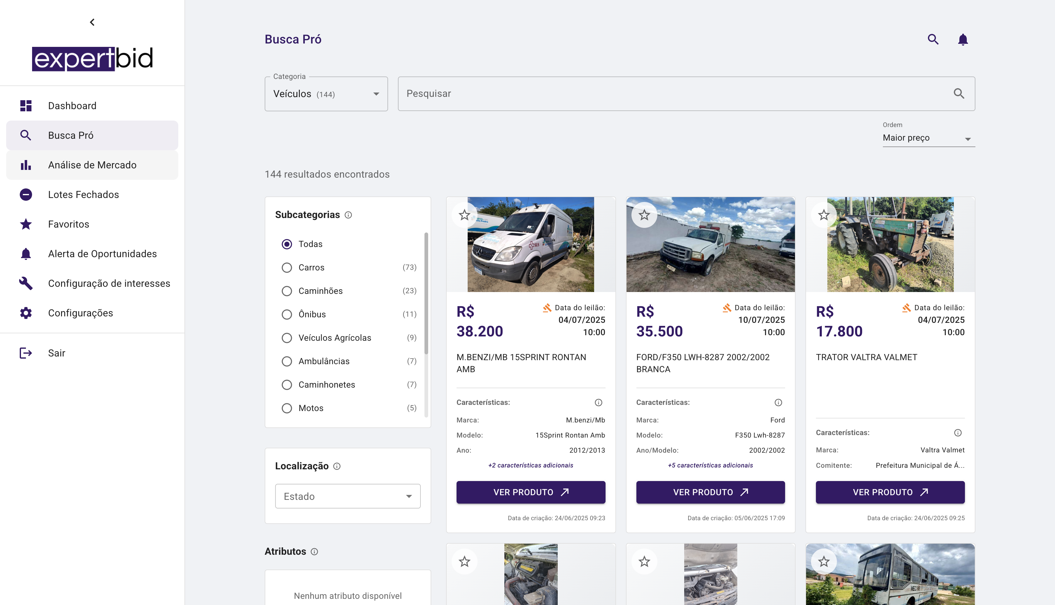 Interface da plataforma ExpertBid mostrando busca de veículos em leilão com filtros avançados